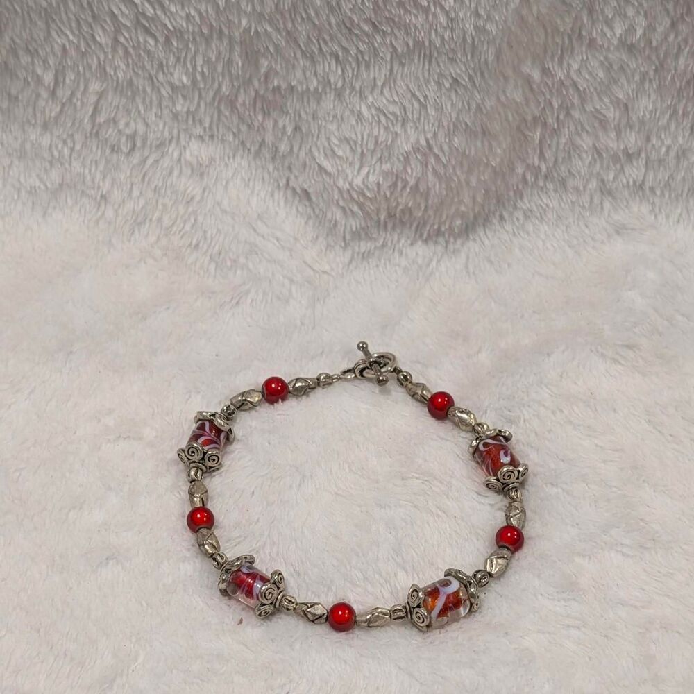 Vintage Silver Tone Red Swirl Bead Toggle Bracelet